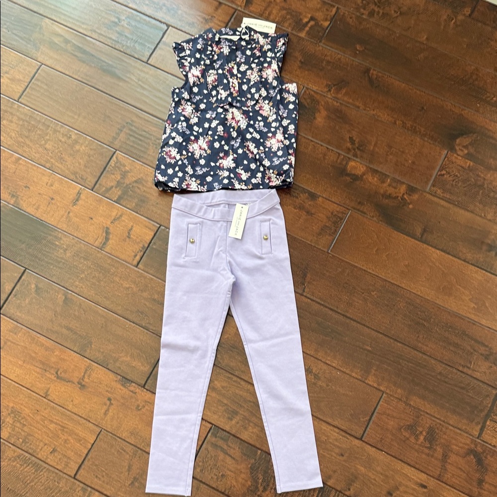 Janie and Jack Navy Floral Sleeveless Top with Lavender Leggings